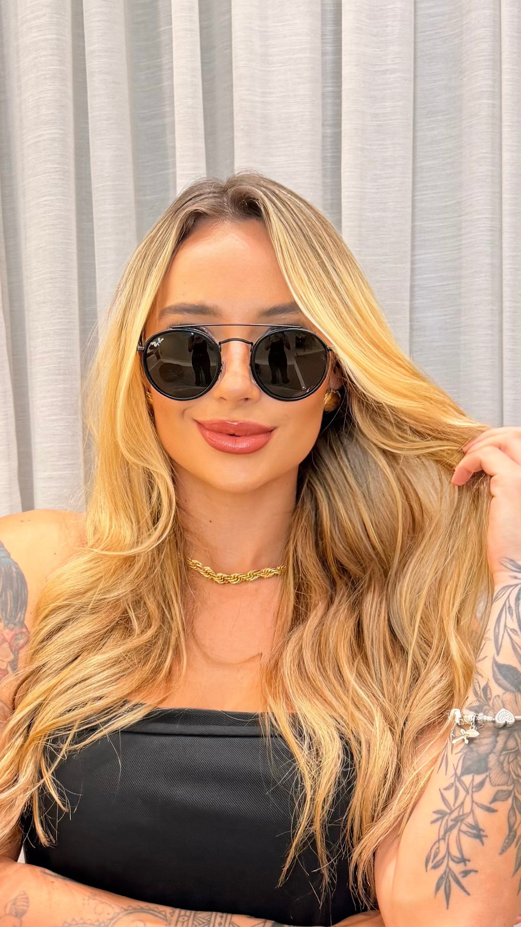 Óculos de Sol Redondo Ray-Ban com Dupla Ponte Preto