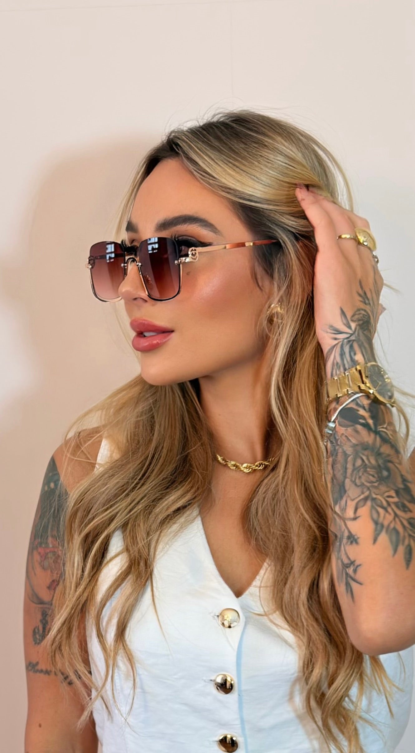 Óculos de Sol Quadrado Luxo Gucci Degradê Marrom