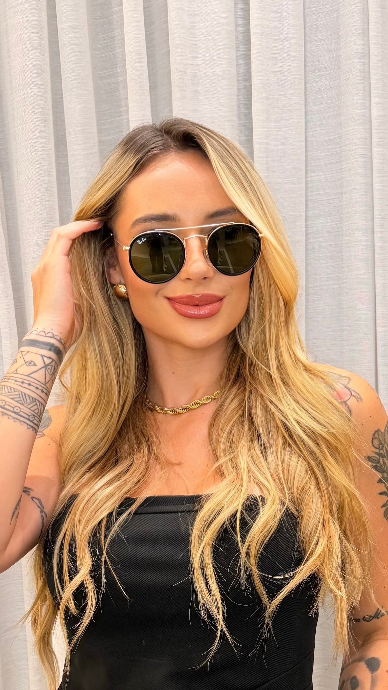 Óculos de Sol Redondo Dupla Ponte Ray-Ban Preto e Dourado