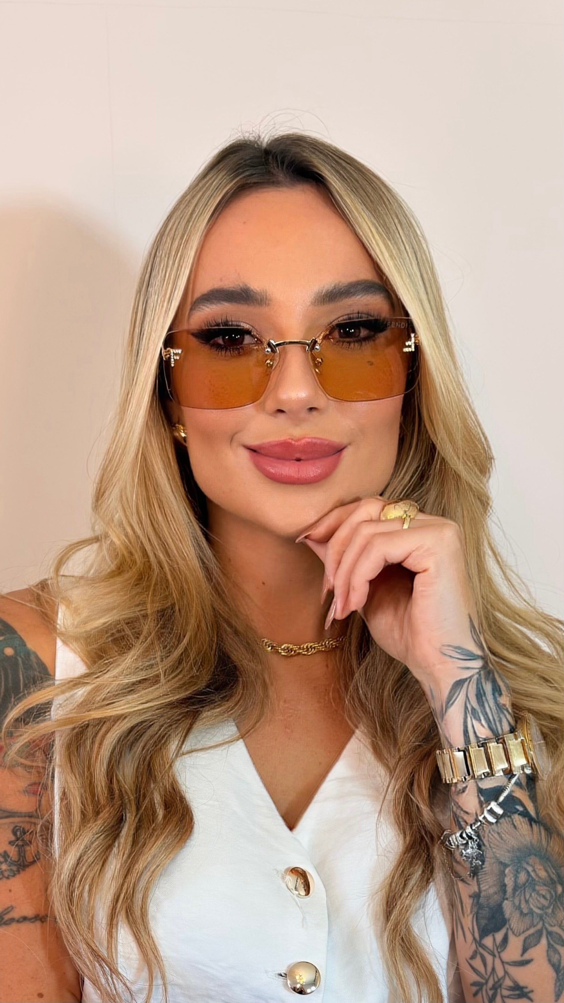 Óculos de Sol Fendi Rimless Dourado com Cristais