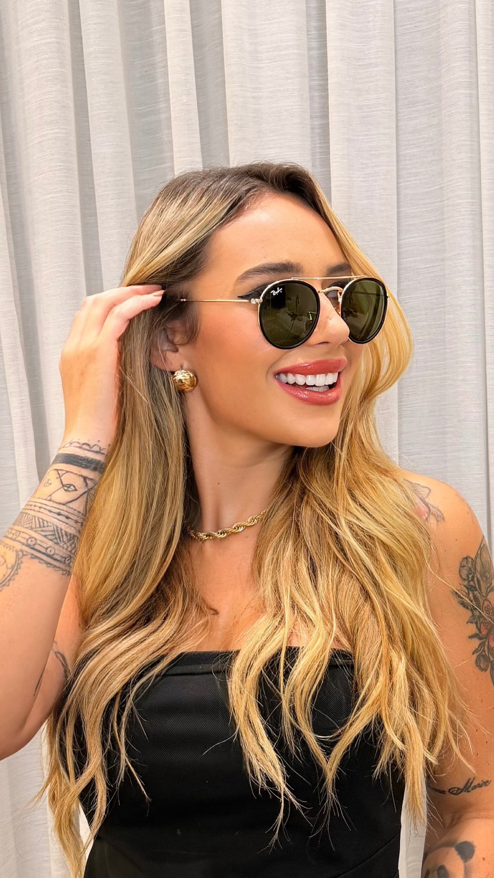 Óculos de Sol Redondo Dupla Ponte Ray-Ban Preto e Dourado