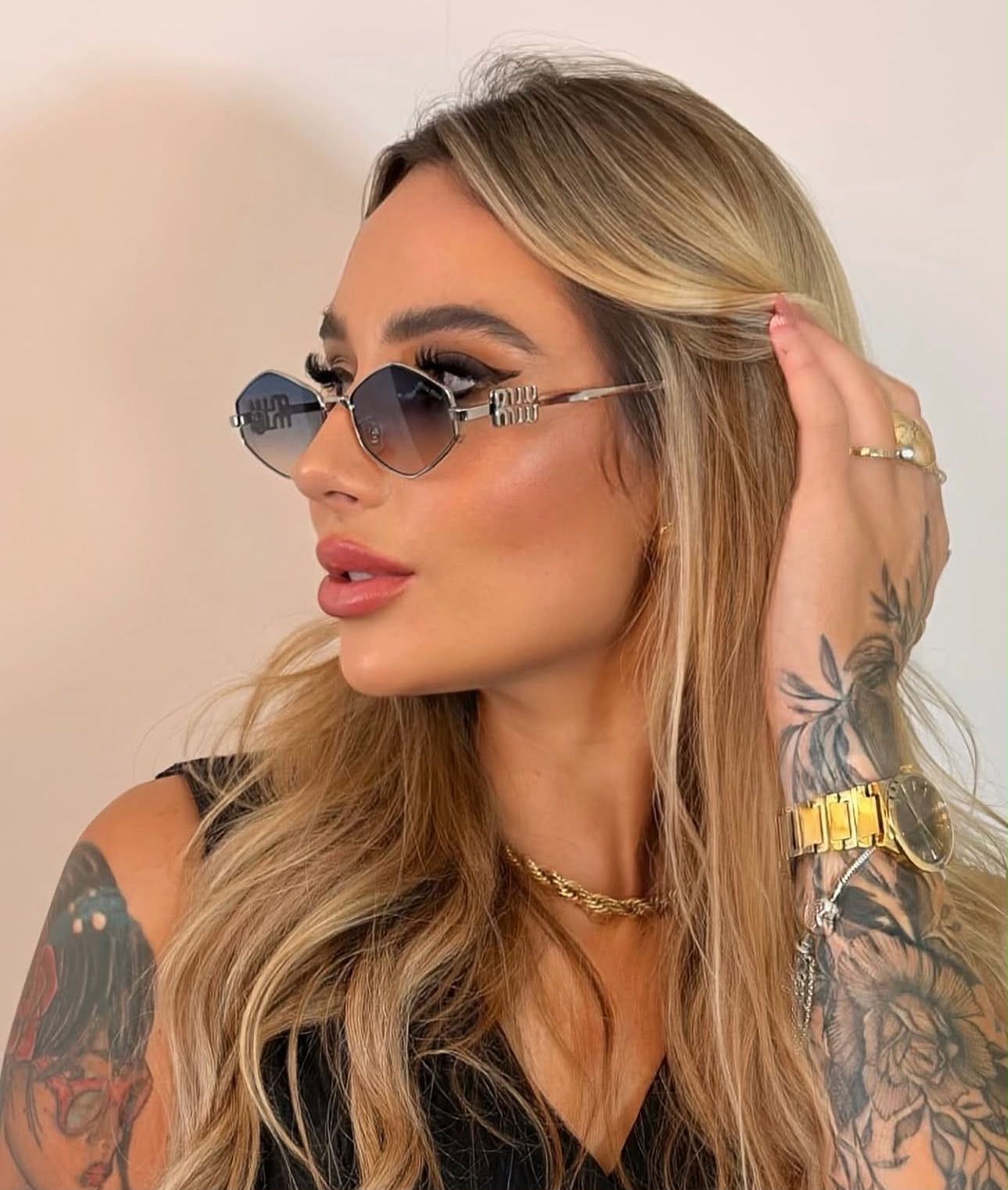 Óculos de Sol Miu Miu Hexagonal prateado com Lente azul Degradê