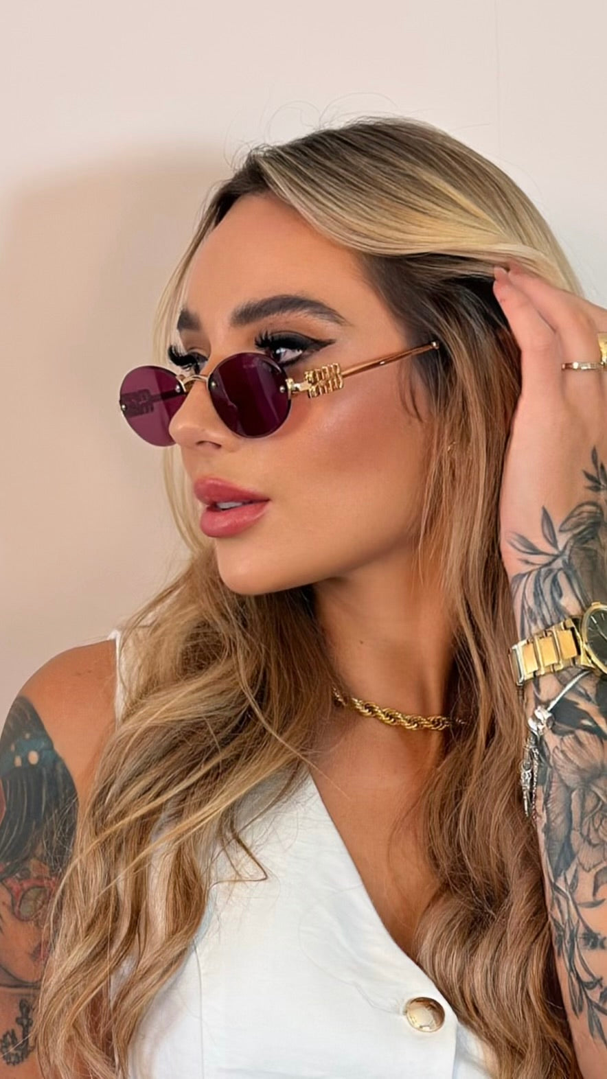 Óculos Redondo Miu Miu Lente Rosa Logo Dourado