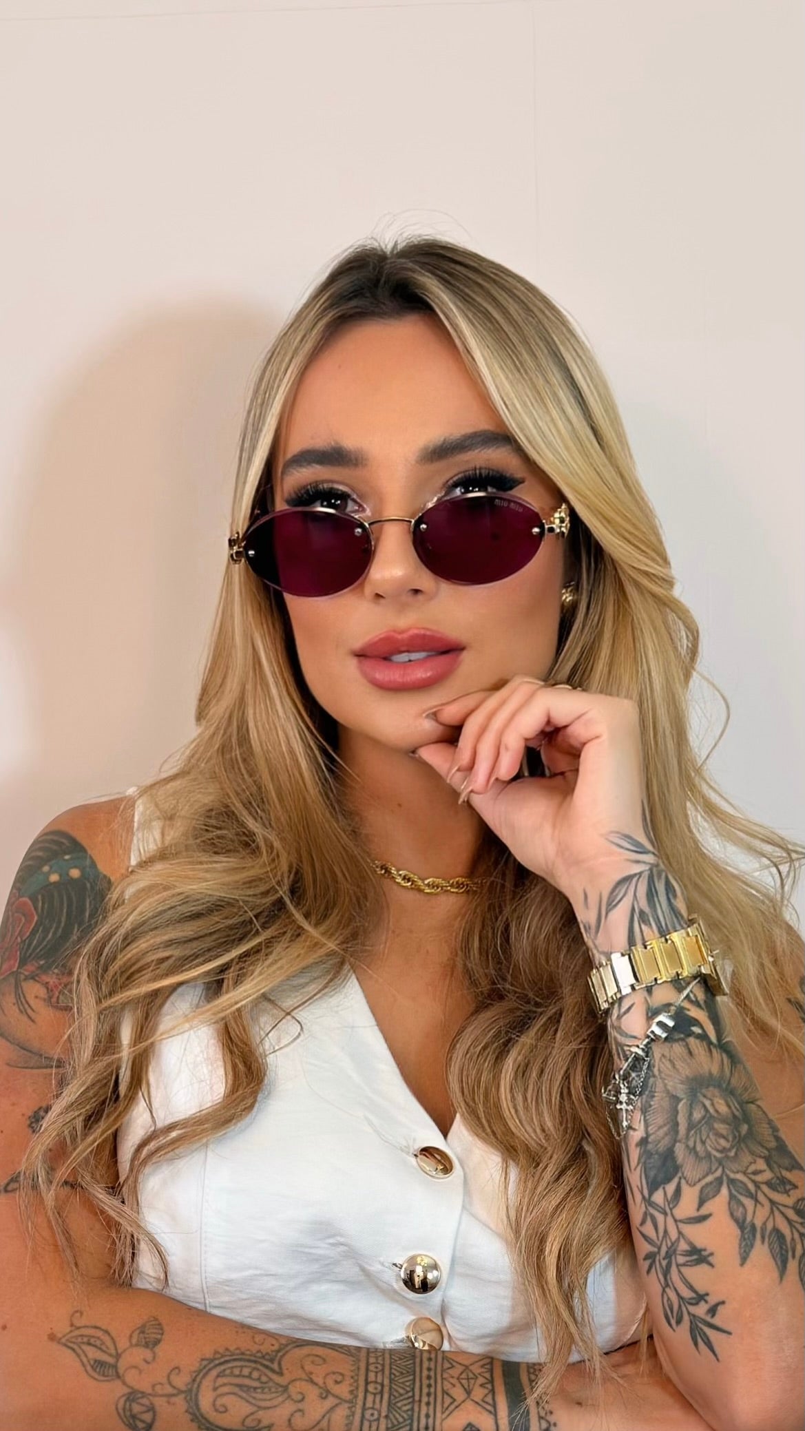 Óculos Redondo Miu Miu Lente Rosa Logo Dourado