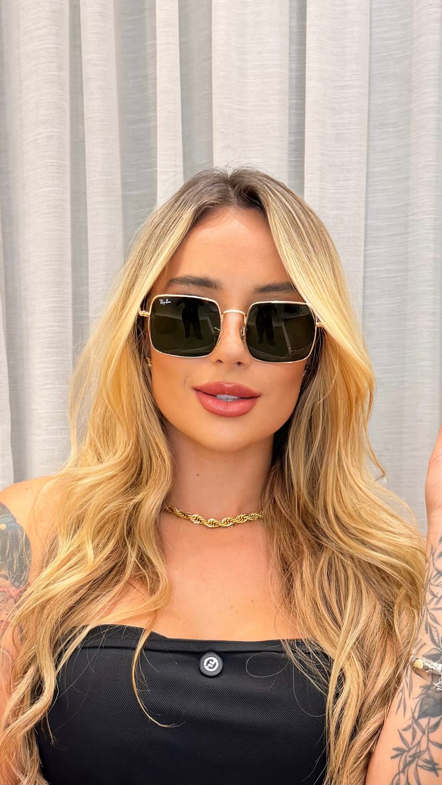 Óculos de Sol Ray-Ban Quadrado Metal Dourado Lente Verde