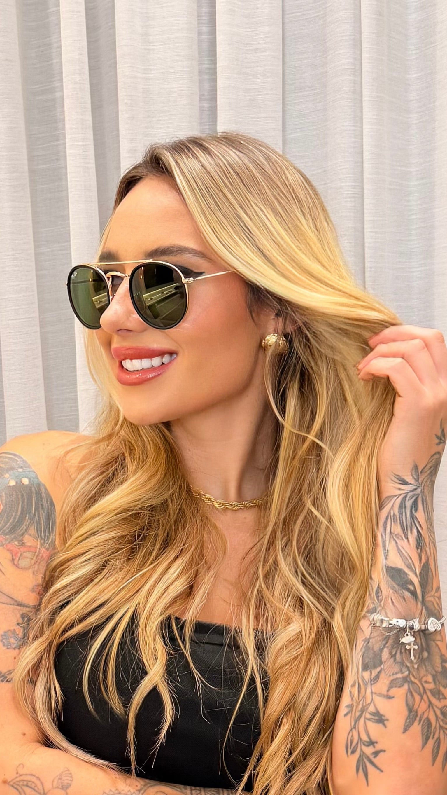 Óculos de Sol Redondo Dupla Ponte Ray-Ban Preto e Dourado