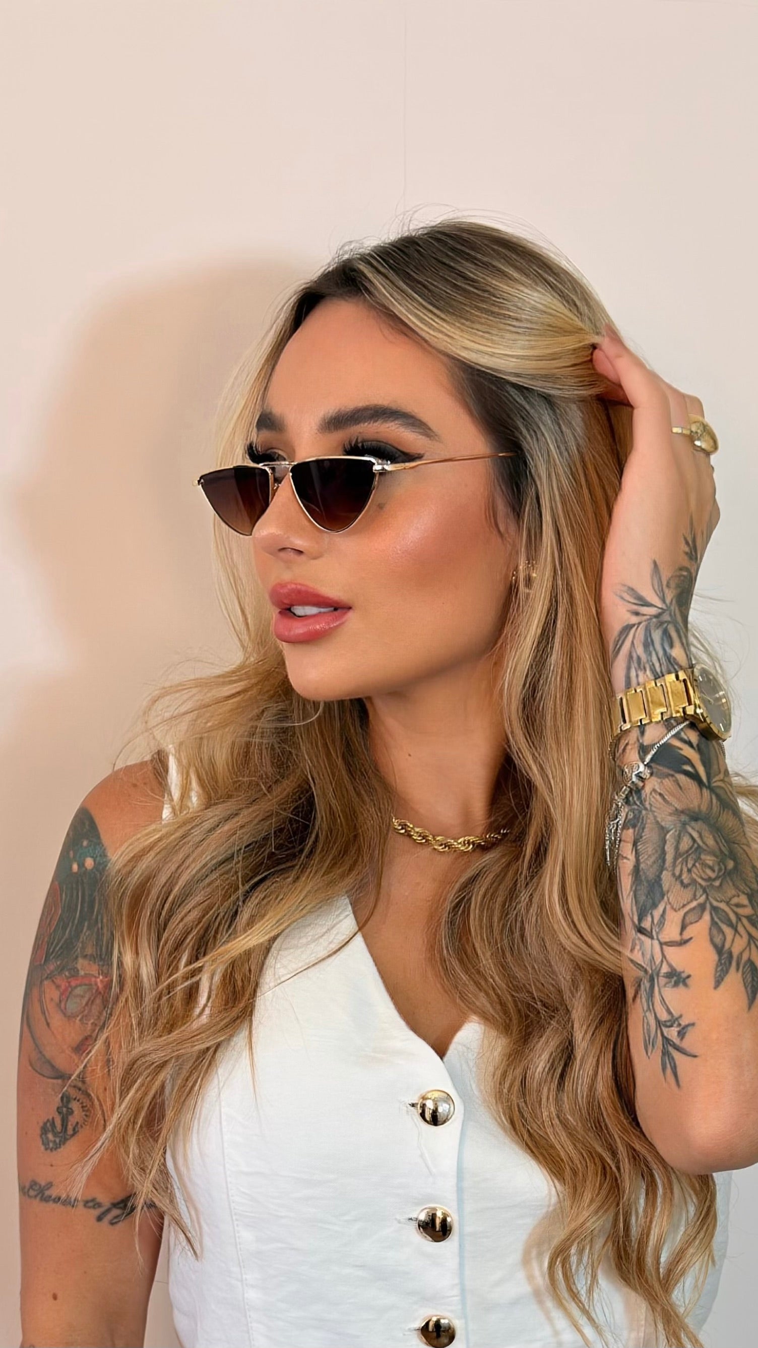 Óculos de Sol Feminino Gatinho Dourado Lente Degradê
